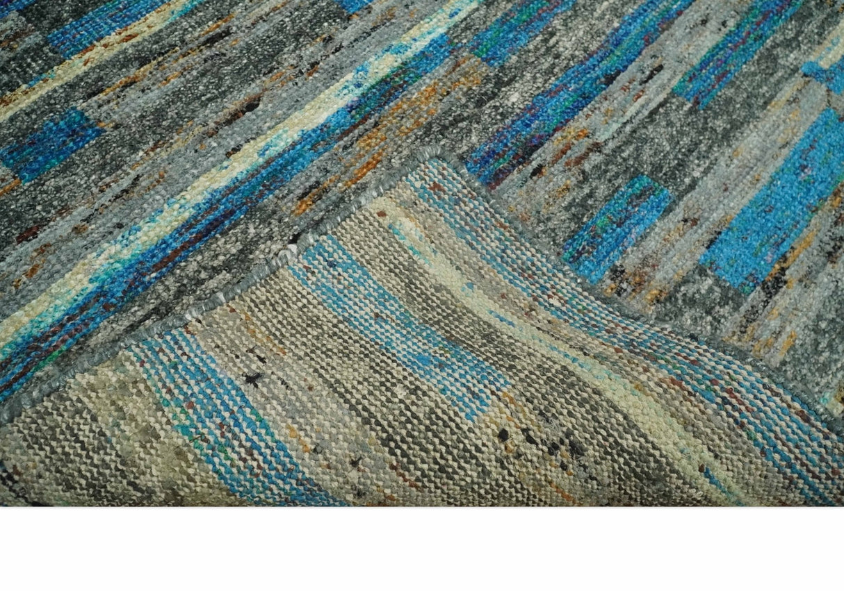 Hand Knotted 4.5x6.5 Gray, Ivory and Blue Modern Abstract Contemporary Recycled Silk Area Rug | OP67