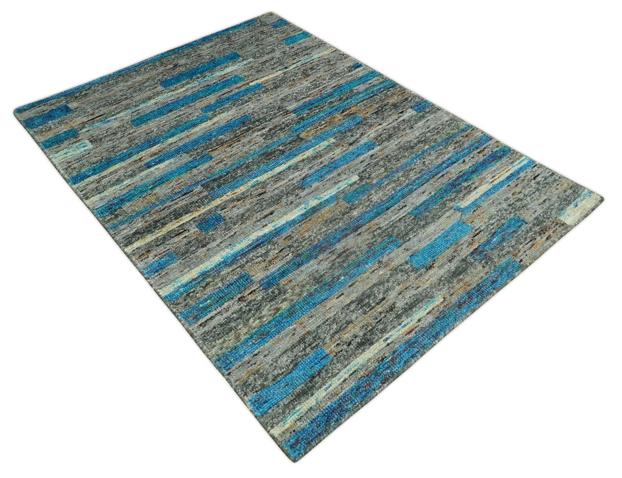 Hand Knotted 4.5x6.5 Gray, Ivory and Blue Modern Abstract Contemporary Recycled Silk Area Rug | OP67