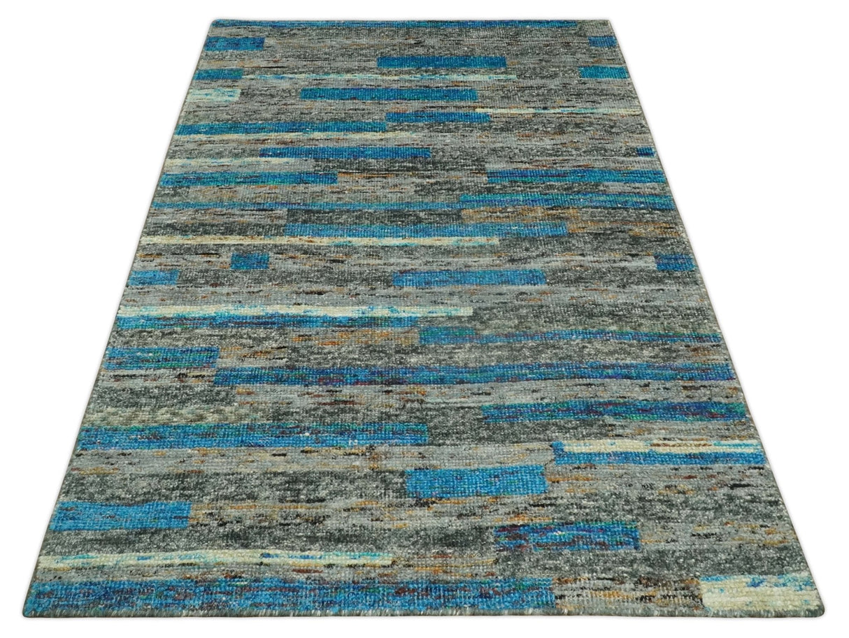 Hand Knotted 4.5x6.5 Gray, Ivory and Blue Modern Abstract Contemporary Recycled Silk Area Rug | OP67