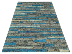 Hand Knotted 4.5x6.5 Gray, Ivory and Blue Modern Abstract Contemporary Recycled Silk Area Rug | OP67