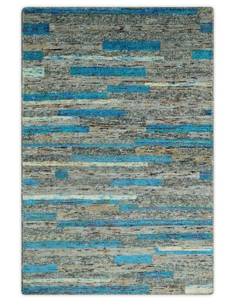 Hand Knotted 4.5x6.5 Gray, Ivory and Blue Modern Abstract Contemporary Recycled Silk Area Rug | OP67