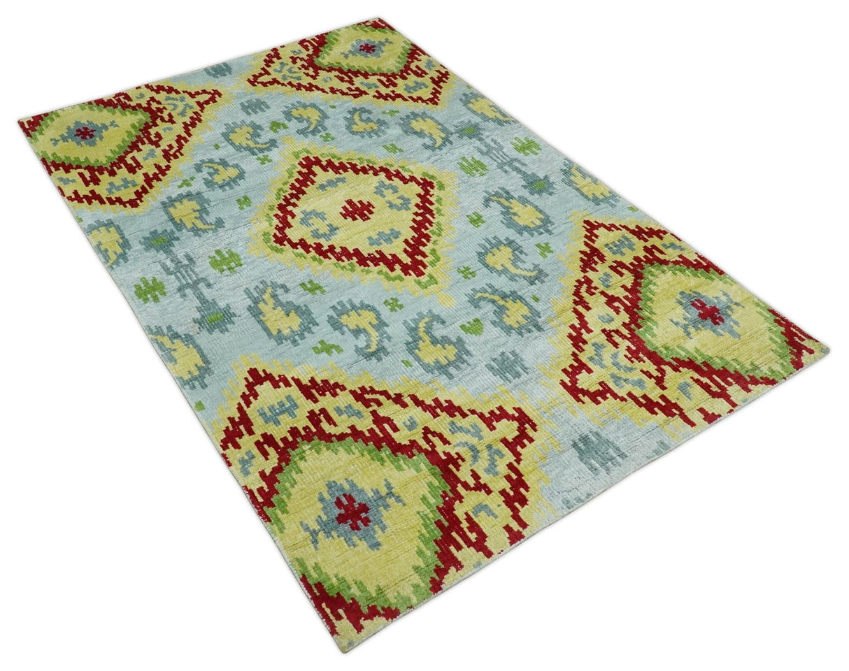 Hand Knotted 4.5x6.5 Silver, Mustard and Red Persian made of Recycled Silk Area Rug | OP129