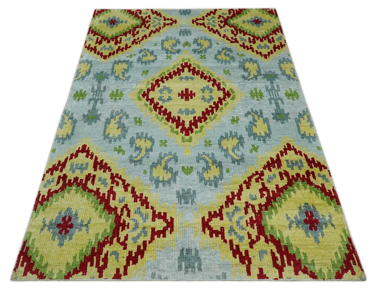 Hand Knotted 4.5x6.5 Silver, Mustard and Red Persian made of Recycled Silk Area Rug | OP129