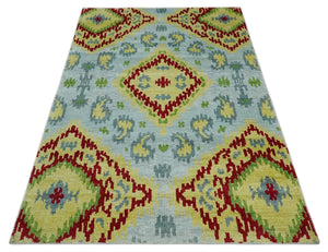 Hand Knotted 4.5x6.5 Silver, Mustard and Red Persian made of Recycled Silk Area Rug | OP129