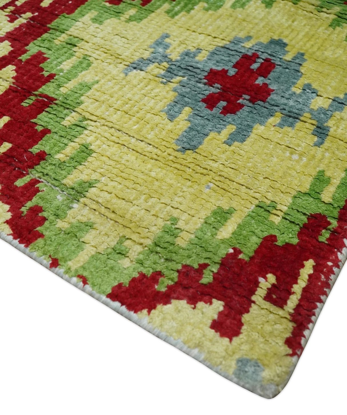 Hand Knotted 4.5x6.5 Silver, Mustard and Red Persian made of Recycled Silk Area Rug | OP129