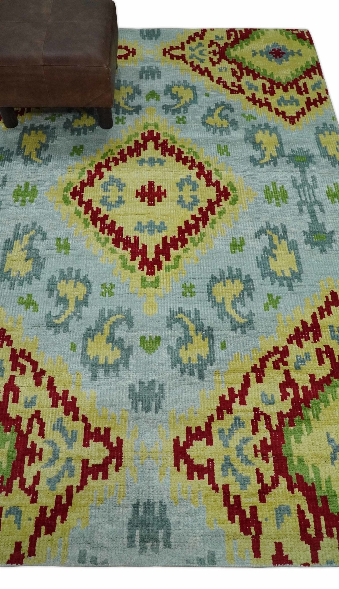 Hand Knotted 4.5x6.5 Silver, Mustard and Red Persian made of Recycled Silk Area Rug | OP129