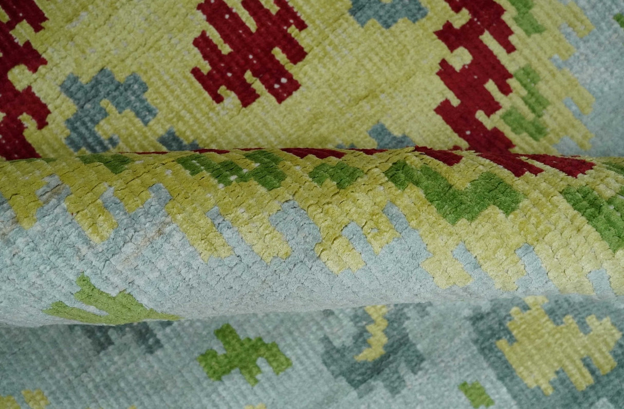 Hand Knotted 4.5x6.5 Silver, Mustard and Red Persian made of Recycled Silk Area Rug | OP129