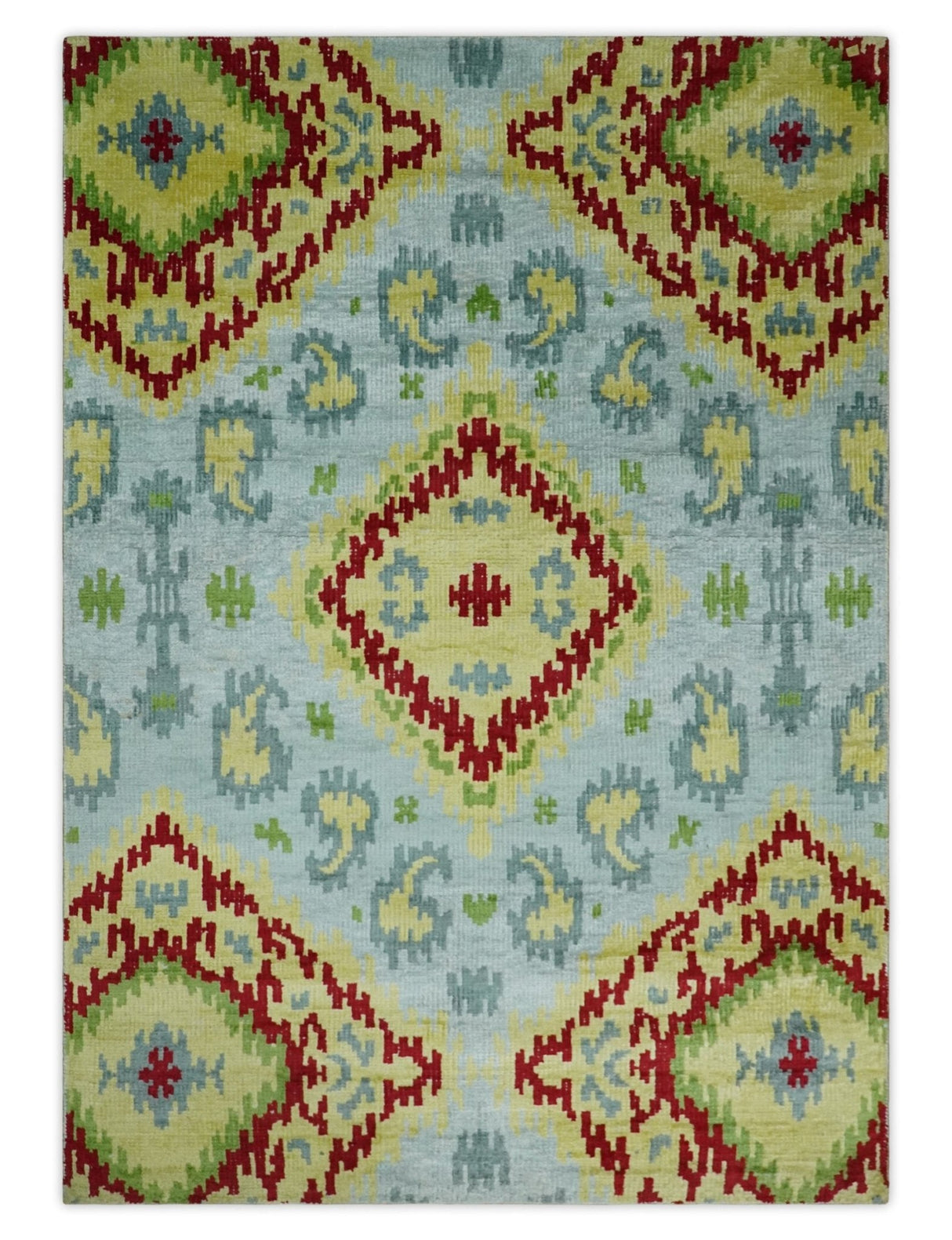 Hand Knotted 4.5x6.5 Silver, Mustard and Red Persian made of Recycled Silk Area Rug | OP129
