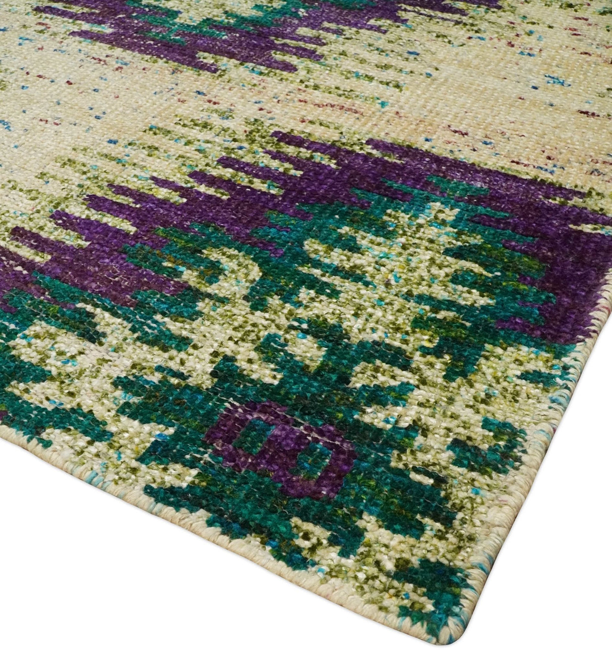 Hand Knotted 4x6 Beige, Violet and Green Persian made of Recycled Silk Area Rug | OP57