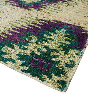 Hand Knotted 4x6 Beige, Violet and Green Persian made of Recycled Silk Area Rug | OP57