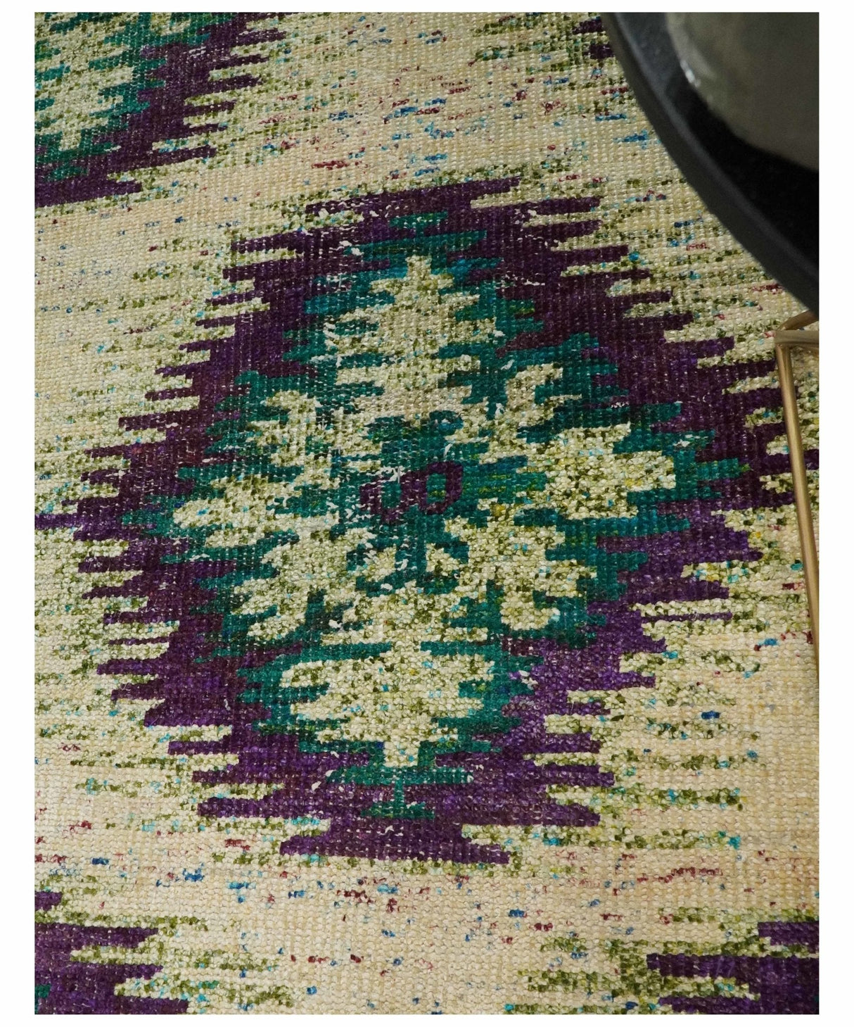 Hand Knotted 4x6 Beige, Violet and Green Persian made of Recycled Silk Area Rug | OP57