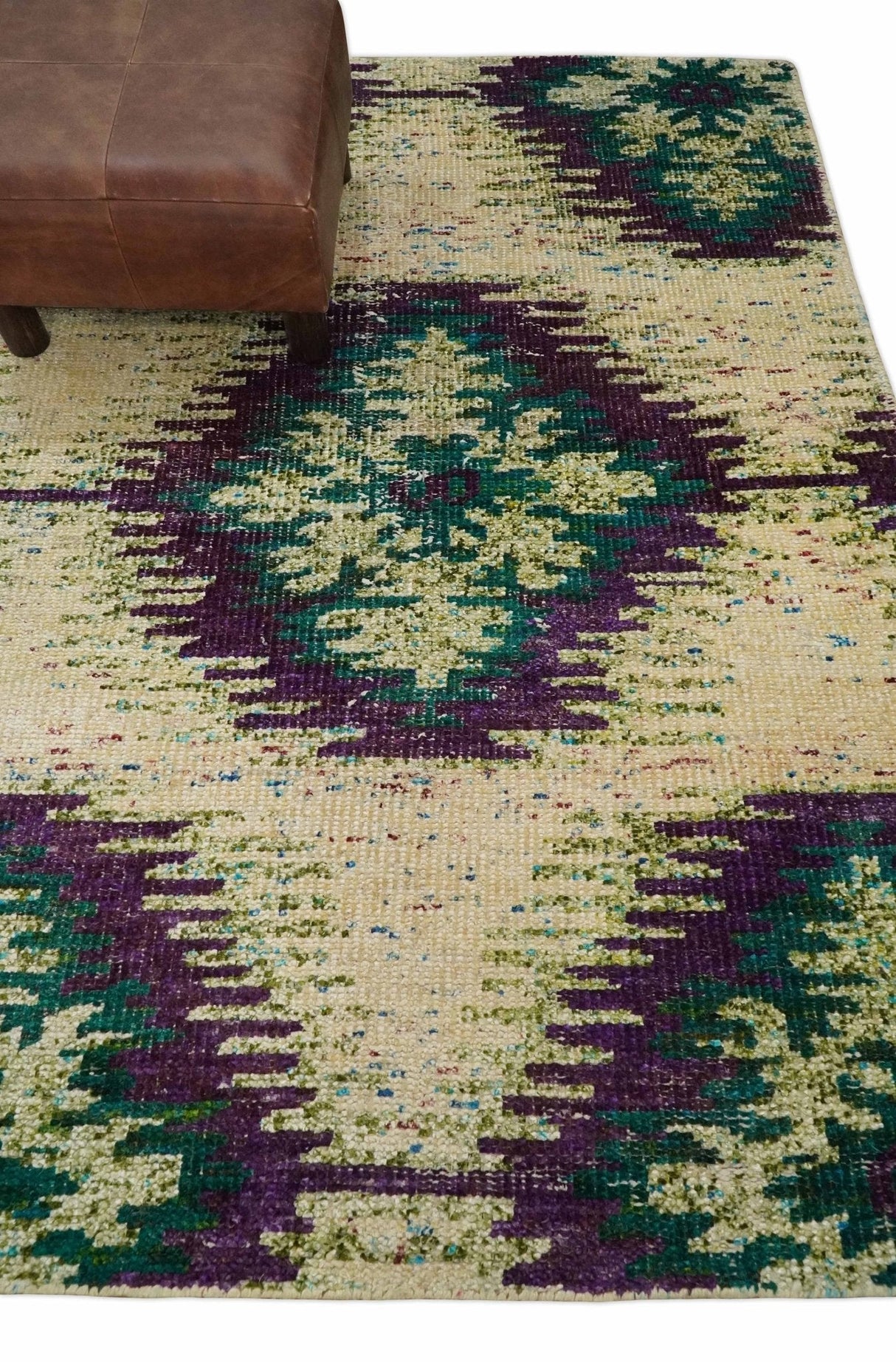 Hand Knotted 4x6 Beige, Violet and Green Persian made of Recycled Silk Area Rug | OP57