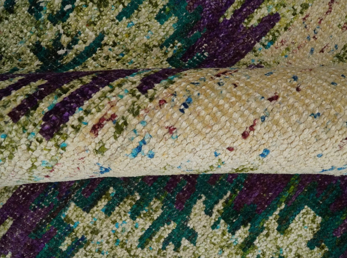 Hand Knotted 4x6 Beige, Violet and Green Persian made of Recycled Silk Area Rug | OP57