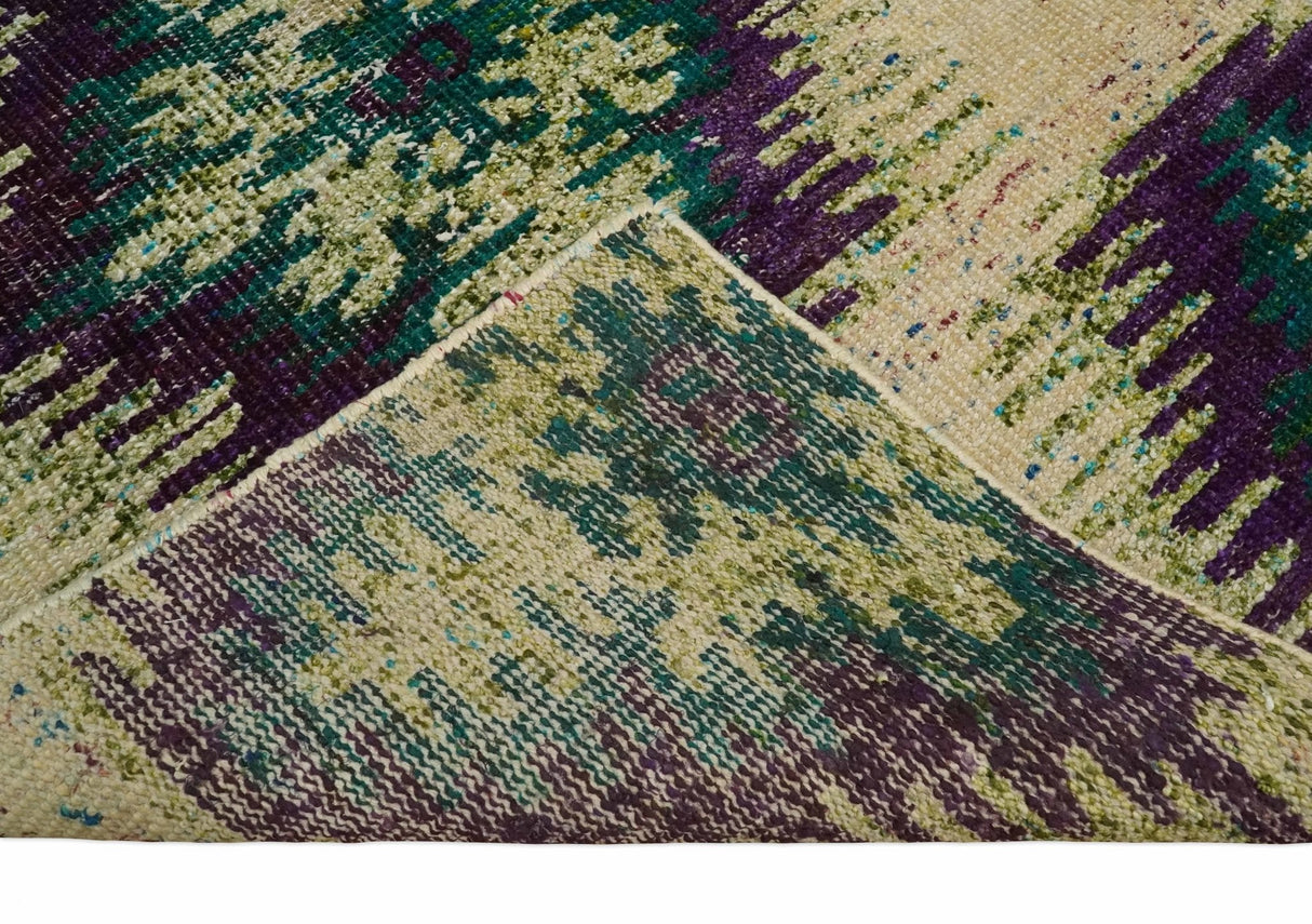 Hand Knotted 4x6 Beige, Violet and Green Persian made of Recycled Silk Area Rug | OP57