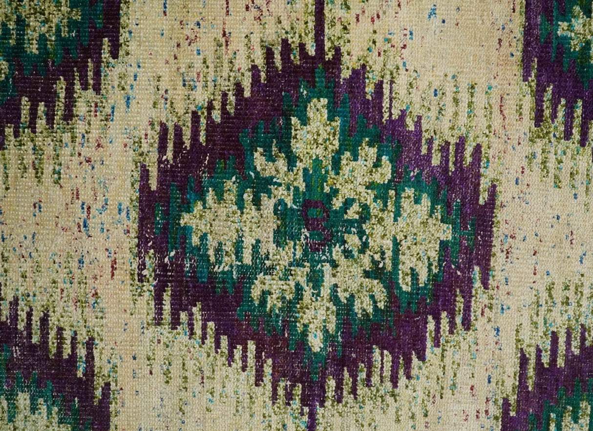 Hand Knotted 4x6 Beige, Violet and Green Persian made of Recycled Silk Area Rug | OP57