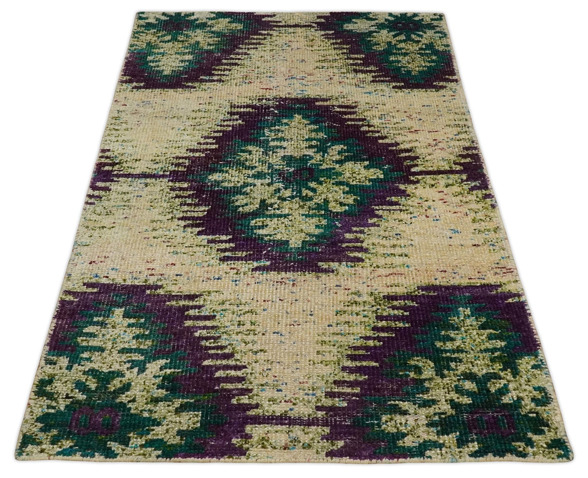 Hand Knotted 4x6 Beige, Violet and Green Persian made of Recycled Silk Area Rug | OP57