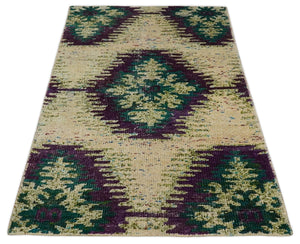 Hand Knotted 4x6 Beige, Violet and Green Persian made of Recycled Silk Area Rug | OP57
