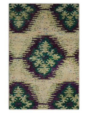 Hand Knotted 4x6 Beige, Violet and Green Persian made of Recycled Silk Area Rug | OP57