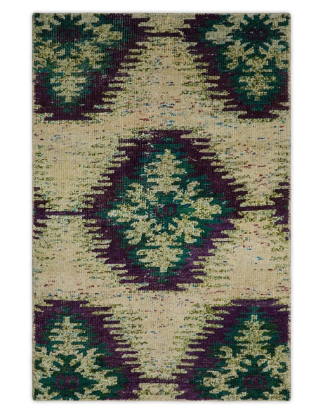Hand Knotted 4x6 Beige, Violet and Green Persian made of Recycled Silk Area Rug | OP57