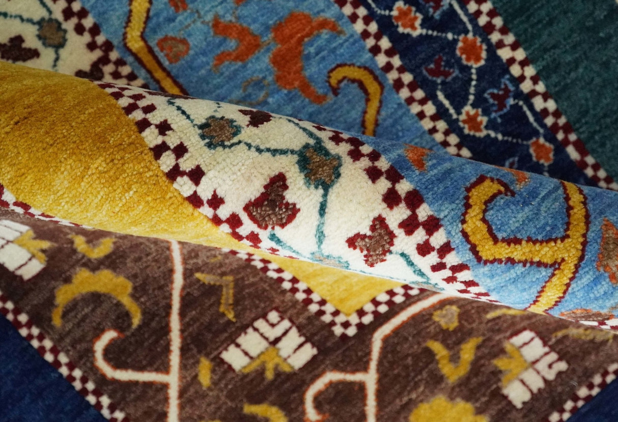 Hand Knotted 4x6 Green, Gold, Blue and Brown Striped Wool Southwestern Lori Gabbeh Rug | KNT55