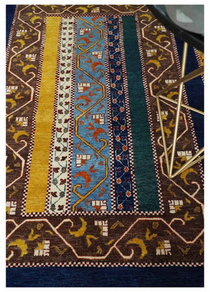 Hand Knotted 4x6 Green, Gold, Blue and Brown Striped Wool Southwestern Lori Gabbeh Rug | KNT55