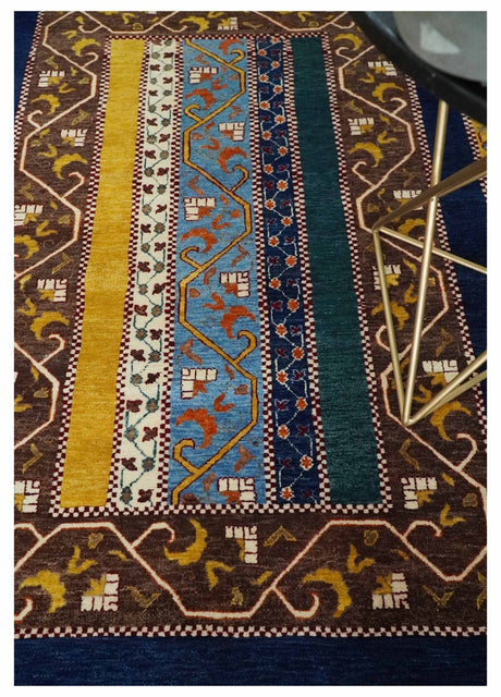 Hand Knotted 4x6 Green, Gold, Blue and Brown Striped Wool Southwestern Lori Gabbeh Rug | KNT55