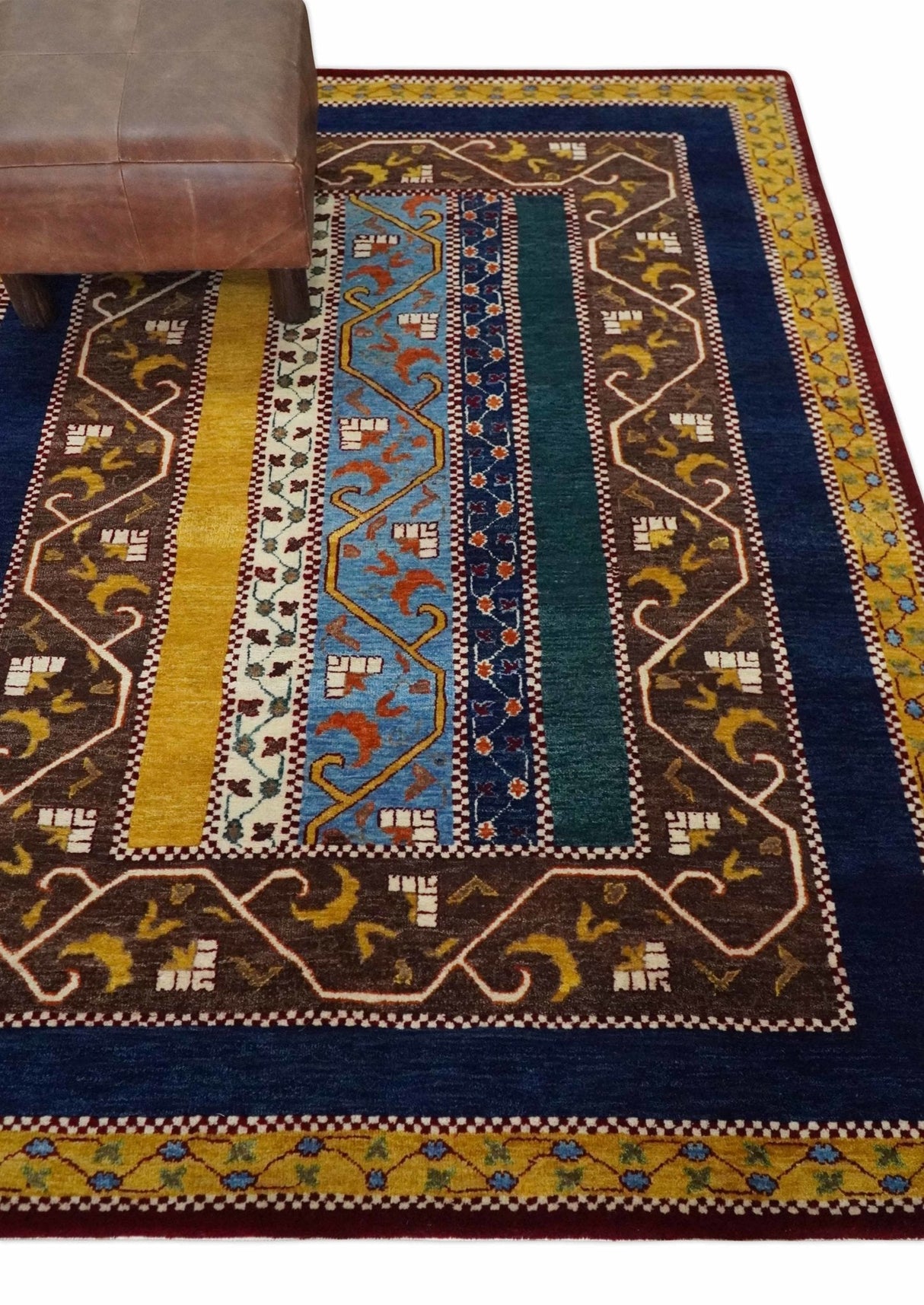 Hand Knotted 4x6 Green, Gold, Blue and Brown Striped Wool Southwestern Lori Gabbeh Rug | KNT55