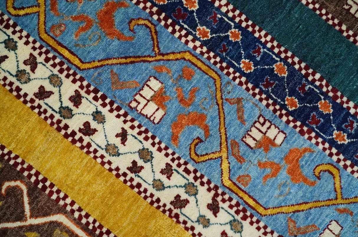 Hand Knotted 4x6 Green, Gold, Blue and Brown Striped Wool Southwestern Lori Gabbeh Rug | KNT55