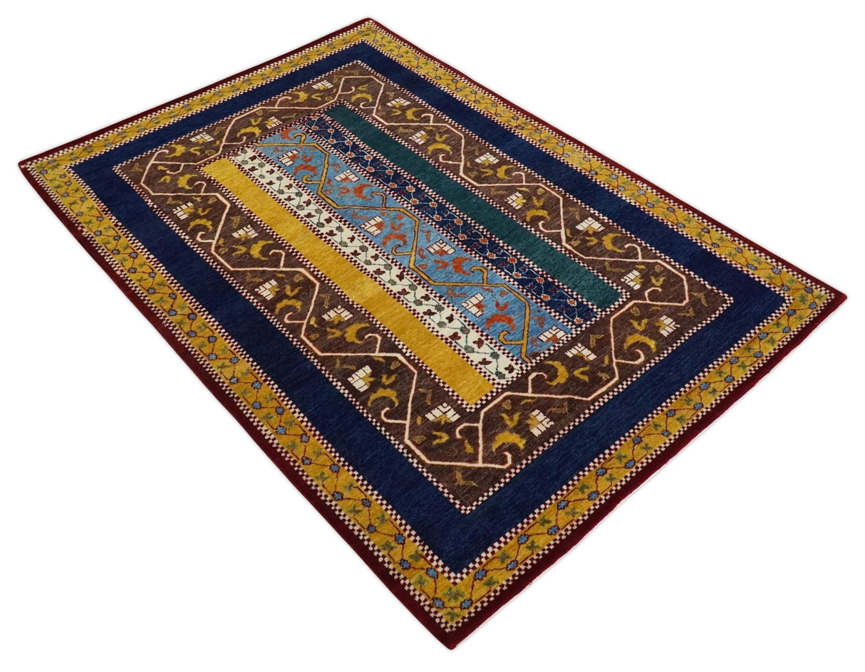 Hand Knotted 4x6 Green, Gold, Blue and Brown Striped Wool Southwestern Lori Gabbeh Rug | KNT55