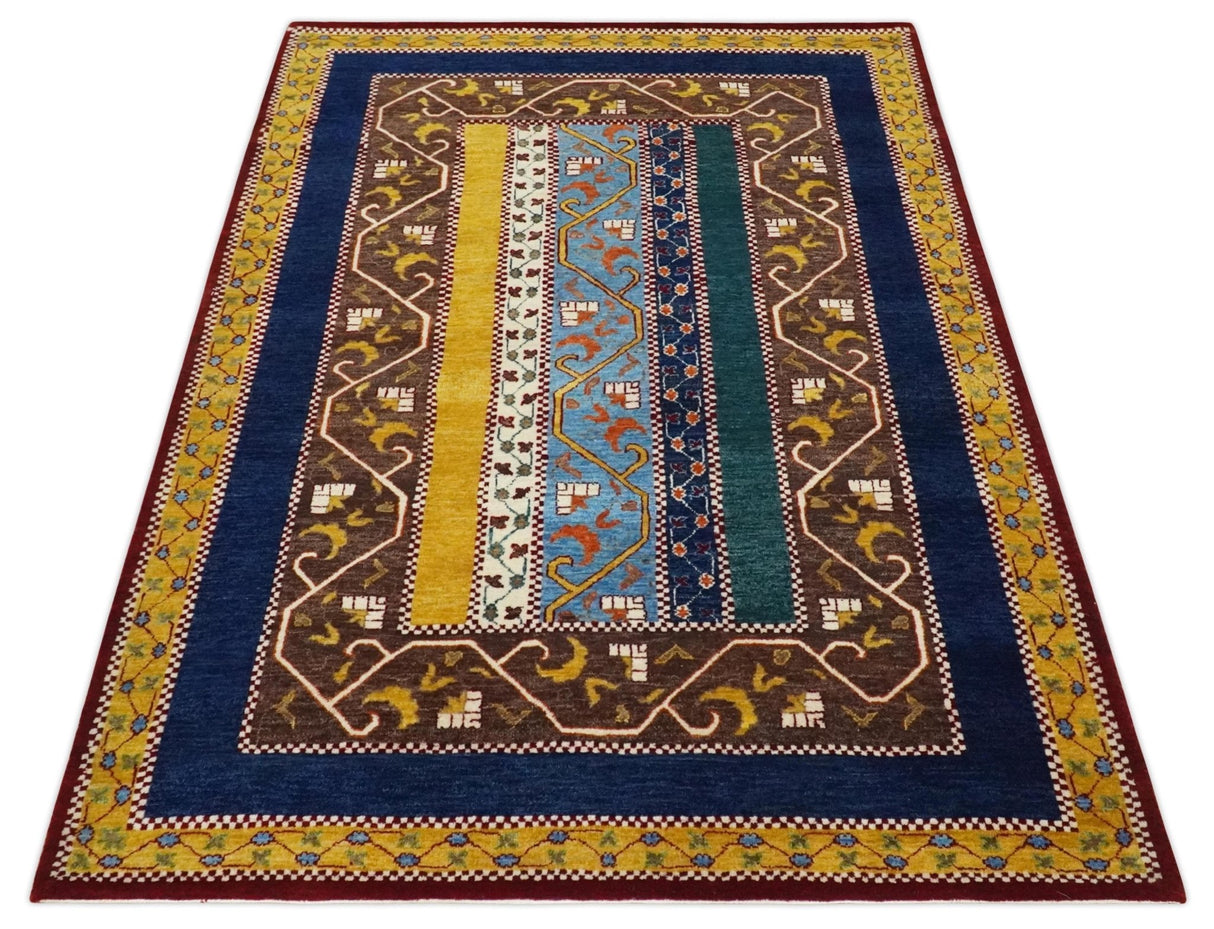 Hand Knotted 4x6 Green, Gold, Blue and Brown Striped Wool Southwestern Lori Gabbeh Rug | KNT55