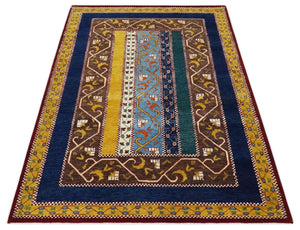 Hand Knotted 4x6 Green, Gold, Blue and Brown Striped Wool Southwestern Lori Gabbeh Rug | KNT55