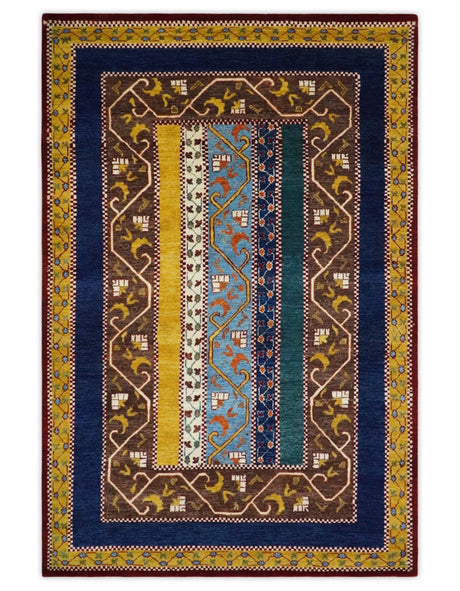 Hand Knotted 4x6 Green, Gold, Blue and Brown Striped Wool Southwestern Lori Gabbeh Rug | KNT55