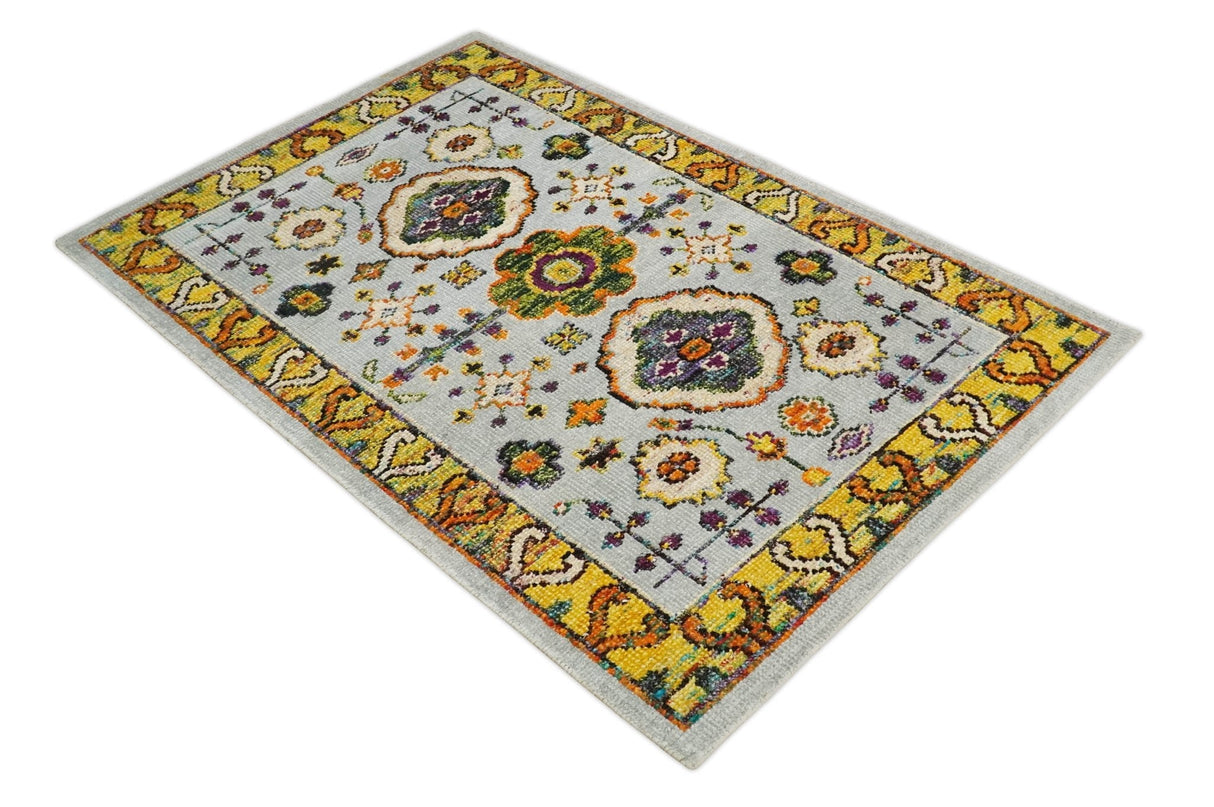 Hand Knotted 4x6 Silver, Mustard and Gold Persian Oushak made of Recycled Silk Area Rug | OP65