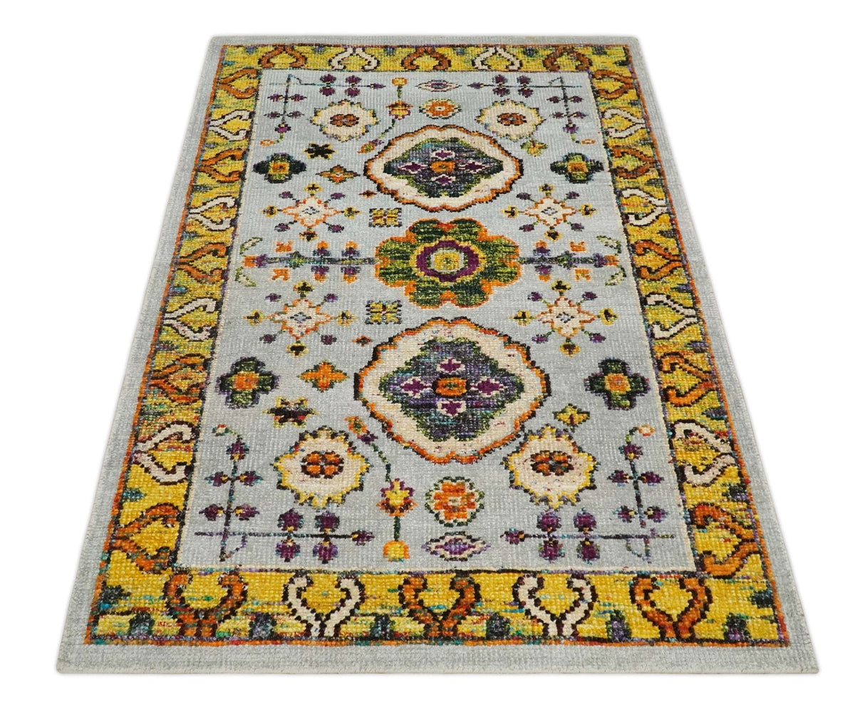 Hand Knotted 4x6 Silver, Mustard and Gold Persian Oushak made of Recycled Silk Area Rug | OP65