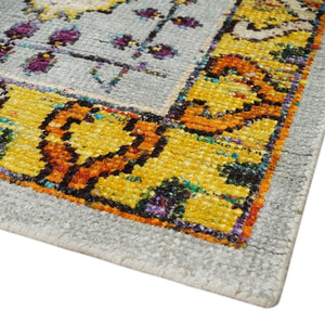 Hand Knotted 4x6 Silver, Mustard and Gold Persian Oushak made of Recycled Silk Area Rug | OP65