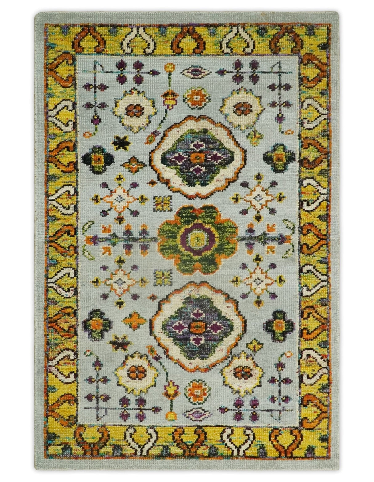 Hand Knotted 4x6 Silver, Mustard and Gold Persian Oushak made of Recycled Silk Area Rug | OP65