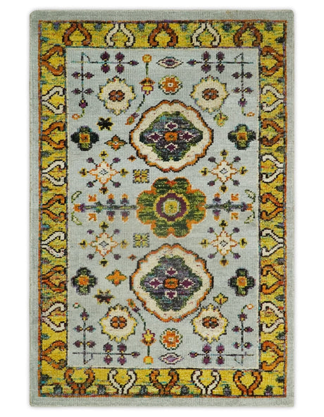 Hand Knotted 4x6 Silver, Mustard and Gold Persian Oushak made of Recycled Silk Area Rug | OP65