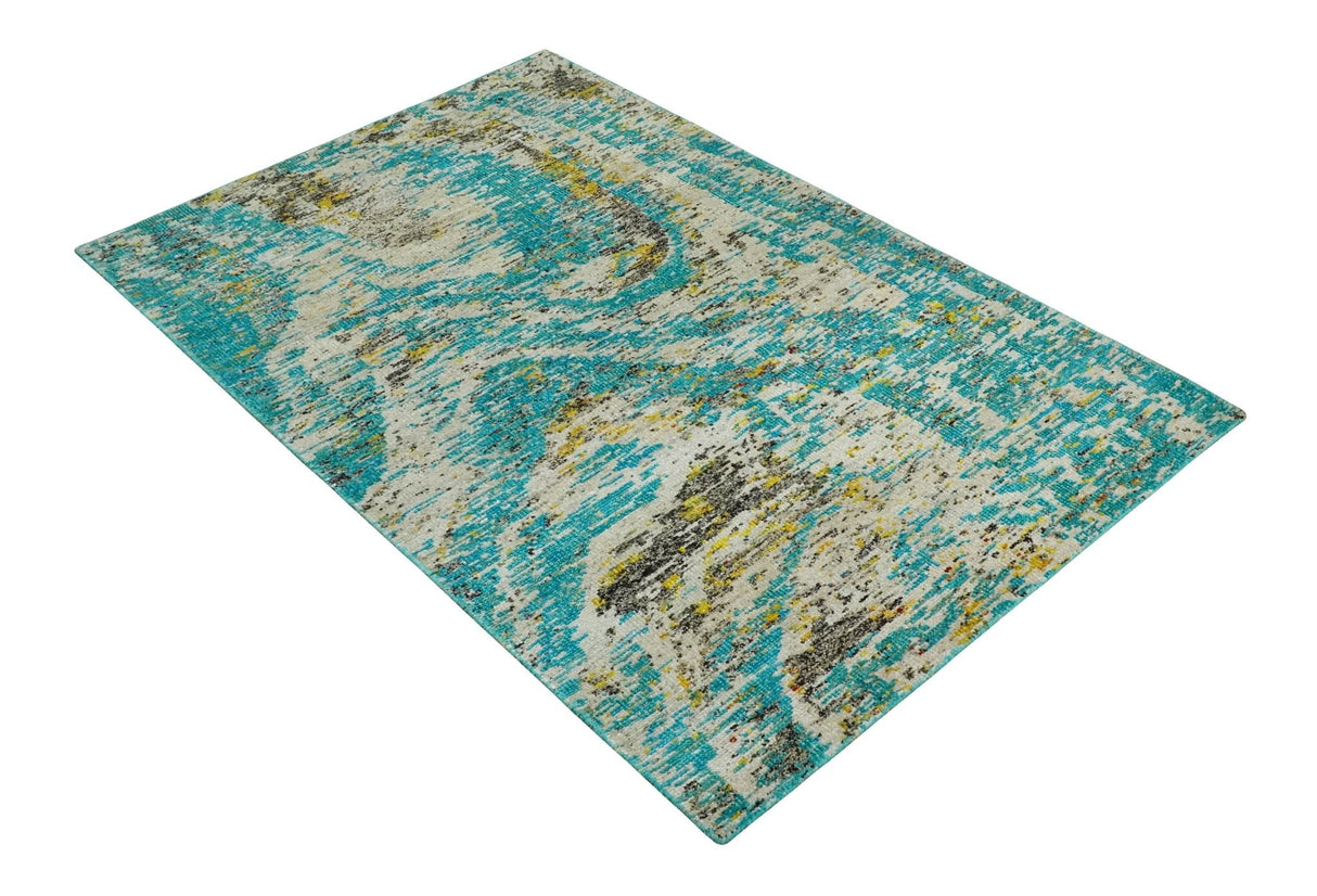 Hand Knotted 5x8 Blue, Ivory and Brown Modern Abstract Contemporary Recycled Silk Area Rug | OP79