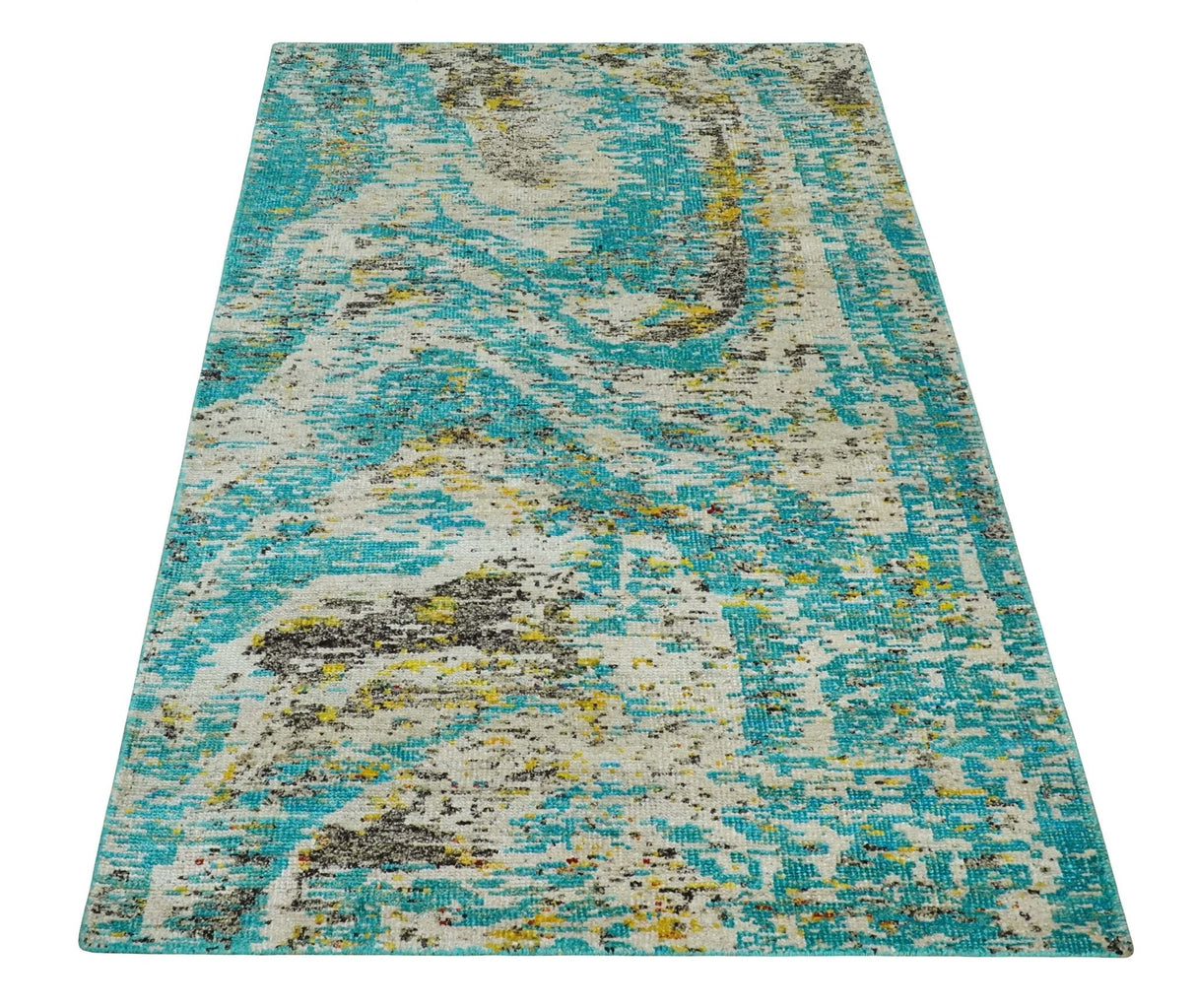 Hand Knotted 5x8 Blue, Ivory and Brown Modern Abstract Contemporary Recycled Silk Area Rug | OP79