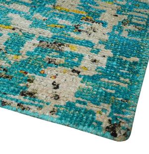 Hand Knotted 5x8 Blue, Ivory and Brown Modern Abstract Contemporary Recycled Silk Area Rug | OP79