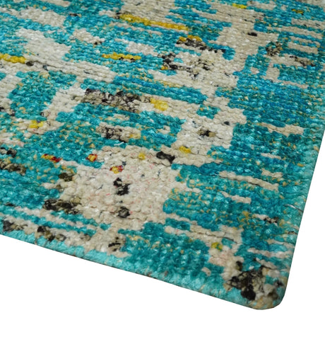 Hand Knotted 5x8 Blue, Ivory and Brown Modern Abstract Contemporary Recycled Silk Area Rug | OP79