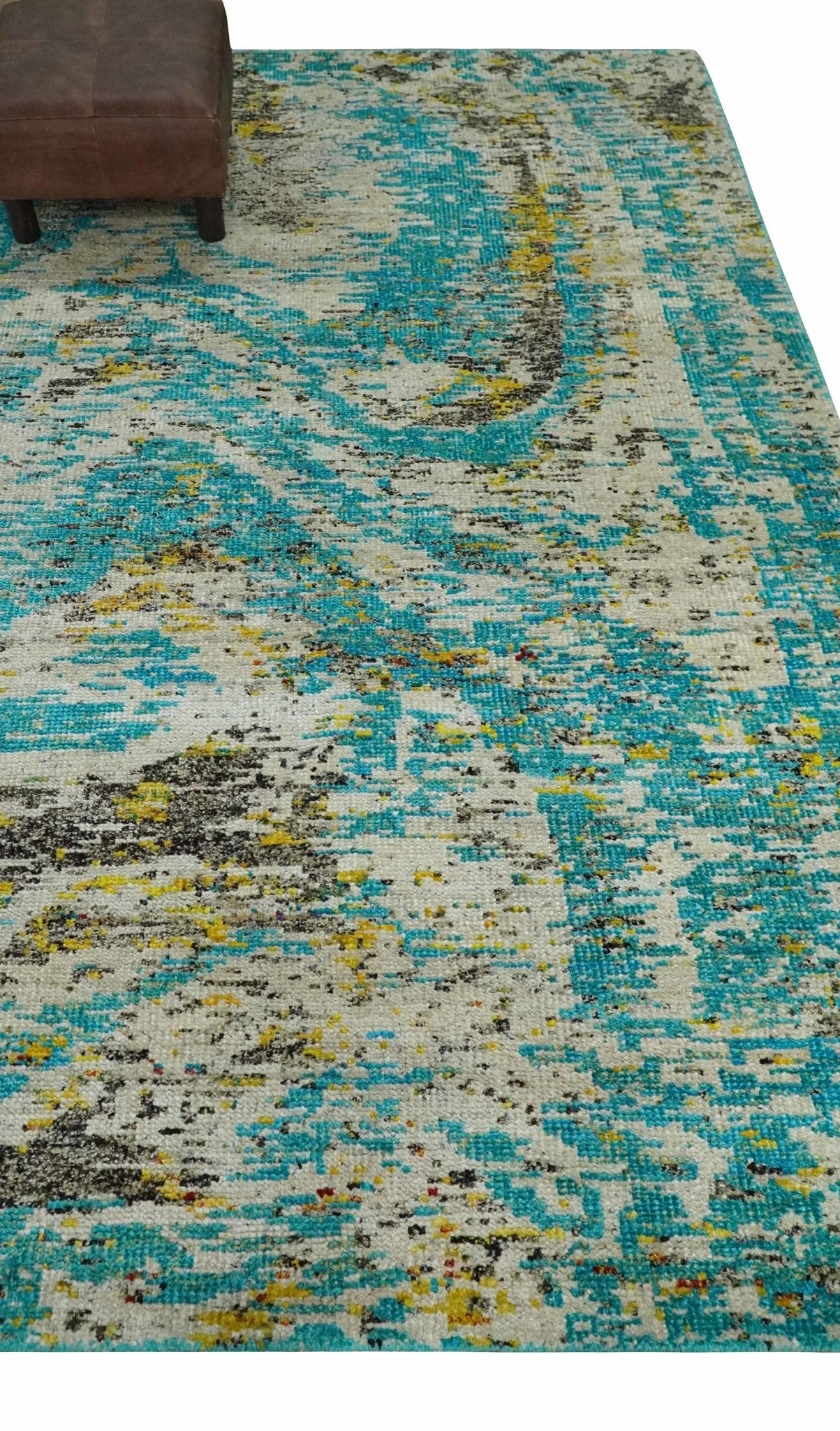 Hand Knotted 5x8 Blue, Ivory and Brown Modern Abstract Contemporary Recycled Silk Area Rug | OP79
