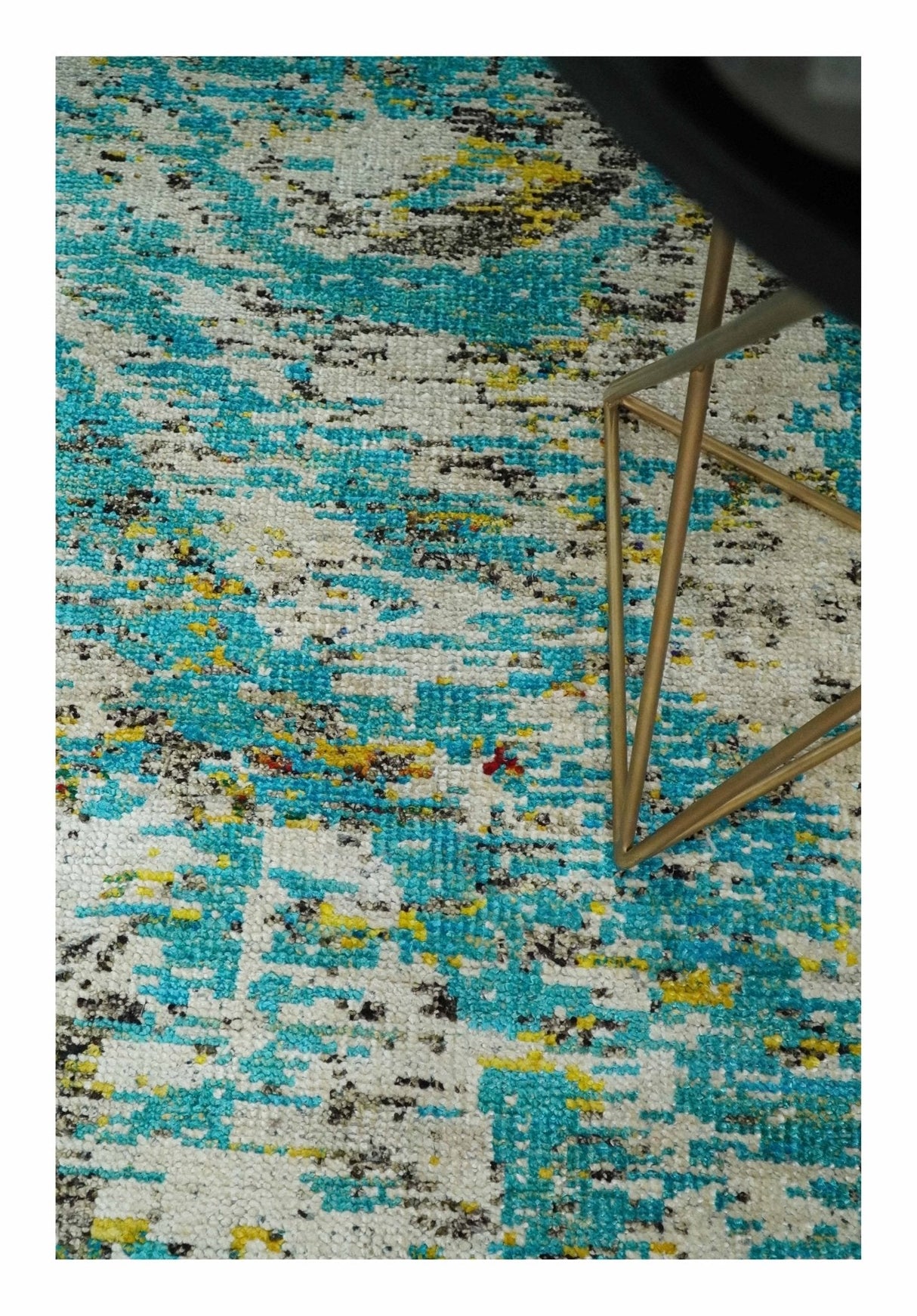 Hand Knotted 5x8 Blue, Ivory and Brown Modern Abstract Contemporary Recycled Silk Area Rug | OP79