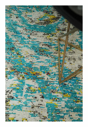 Hand Knotted 5x8 Blue, Ivory and Brown Modern Abstract Contemporary Recycled Silk Area Rug | OP79