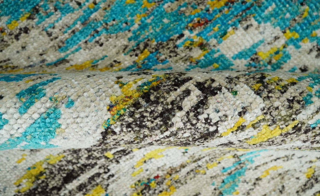Hand Knotted 5x8 Blue, Ivory and Brown Modern Abstract Contemporary Recycled Silk Area Rug | OP79