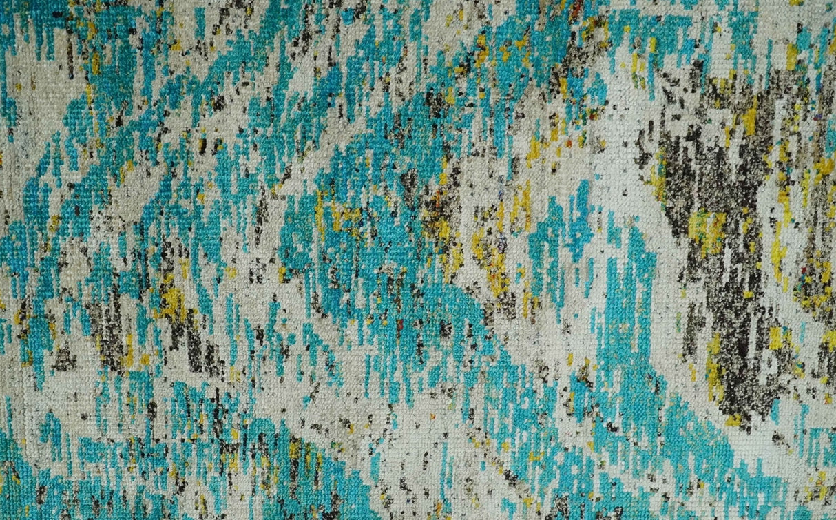Hand Knotted 5x8 Blue, Ivory and Brown Modern Abstract Contemporary Recycled Silk Area Rug | OP79