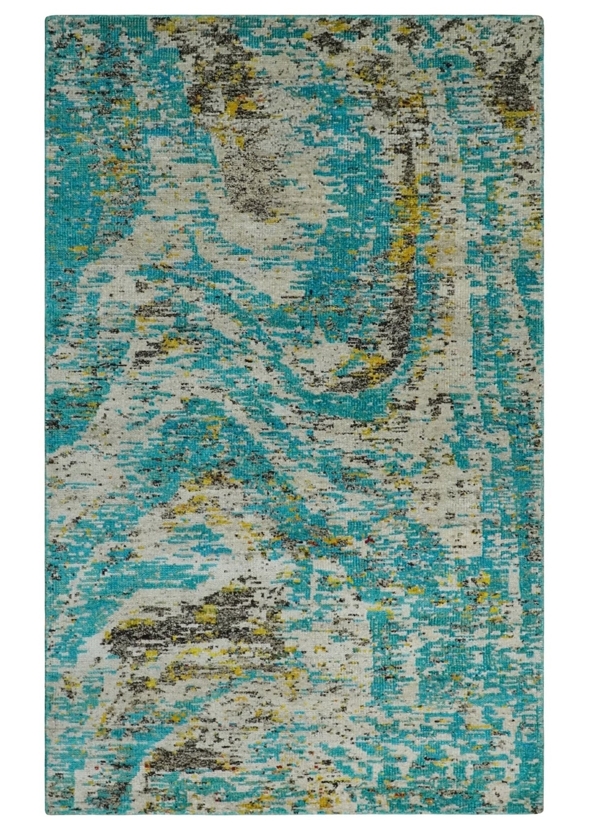 Hand Knotted 5x8 Blue, Ivory and Brown Modern Abstract Contemporary Recycled Silk Area Rug | OP79