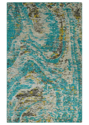 Hand Knotted 5x8 Blue, Ivory and Brown Modern Abstract Contemporary Recycled Silk Area Rug | OP79