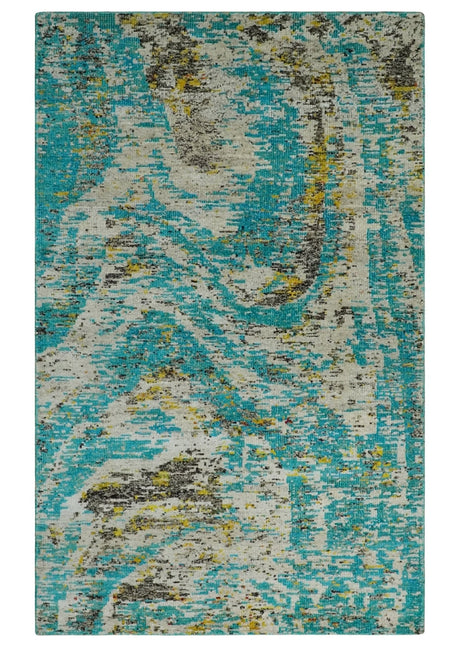 Hand Knotted 5x8 Blue, Ivory and Brown Modern Abstract Contemporary Recycled Silk Area Rug | OP79