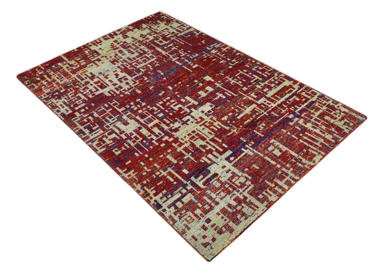 Hand Knotted 5x8 Camel, Rust and Blue Modern Abstract Contemporary Recycled Silk Area Rug | OP126